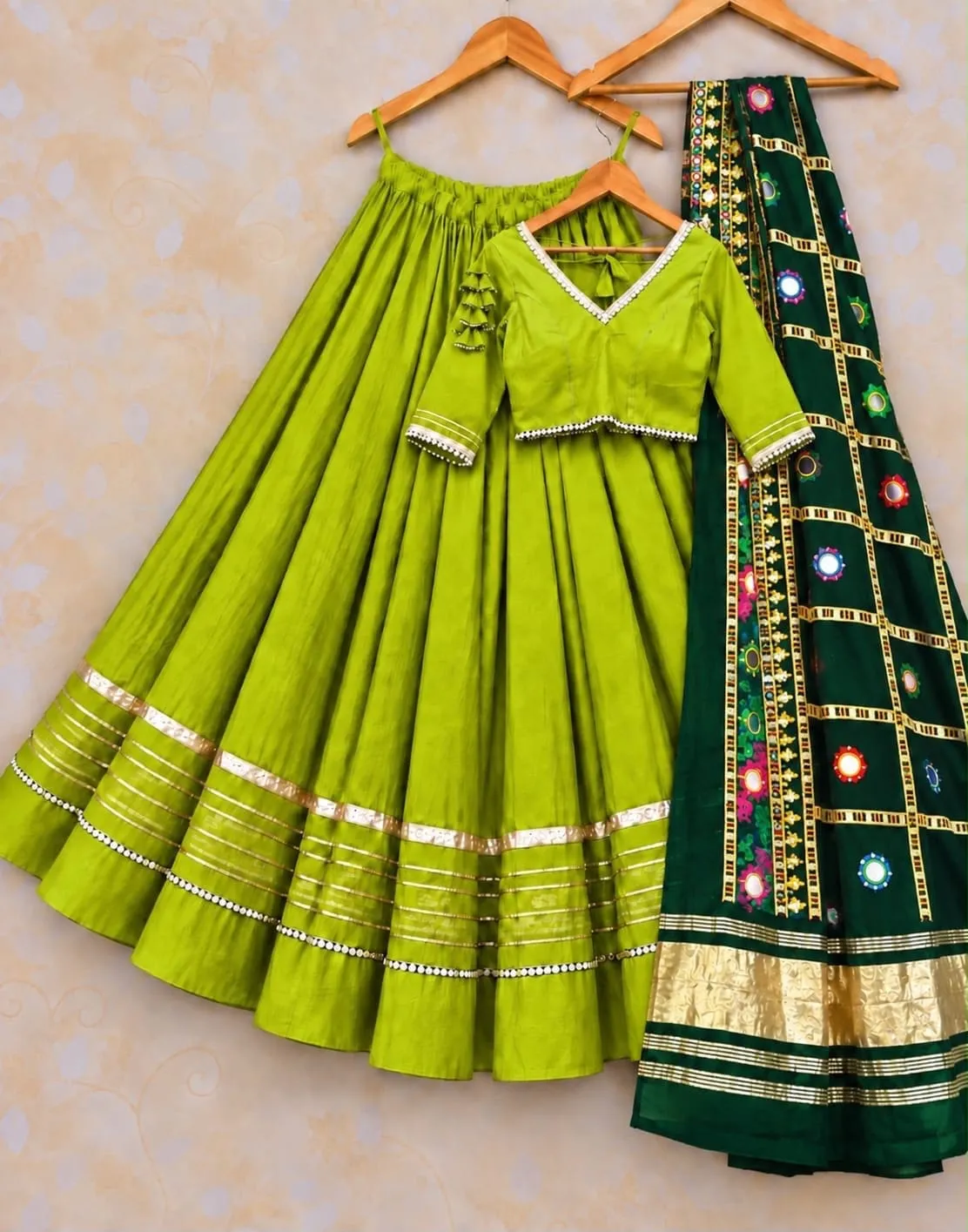 Heavy Rayon Cotton Flared Chaniya Choli with Gotta Patti Border | Stitched Padded Blouse & Semi Gajji Real Mirror Work Dupatta Set - Image 18