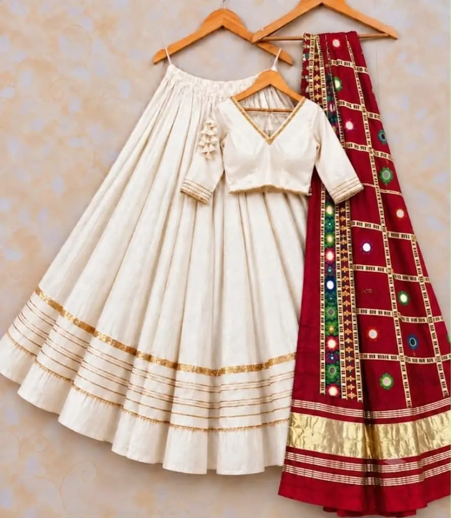 Heavy Rayon Cotton Flared Chaniya Choli with Gotta Patti Border | Stitched Padded Blouse & Semi Gajji Real Mirror Work Dupatta Set - Image 2