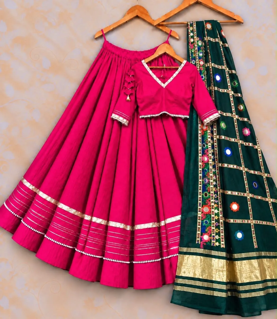 Heavy Rayon Cotton Flared Chaniya Choli with Gotta Patti Border | Stitched Padded Blouse & Semi Gajji Real Mirror Work Dupatta Set - Image 3