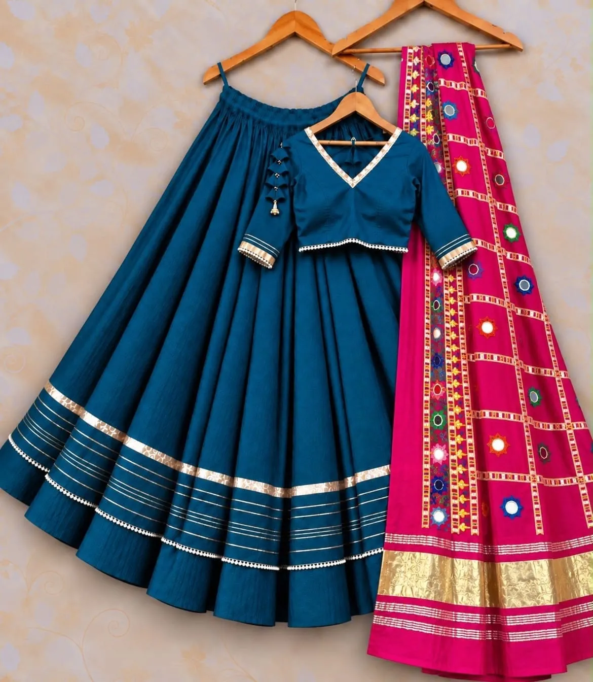 Heavy Rayon Cotton Flared Chaniya Choli with Gotta Patti Border | Stitched Padded Blouse & Semi Gajji Real Mirror Work Dupatta Set - Image 4