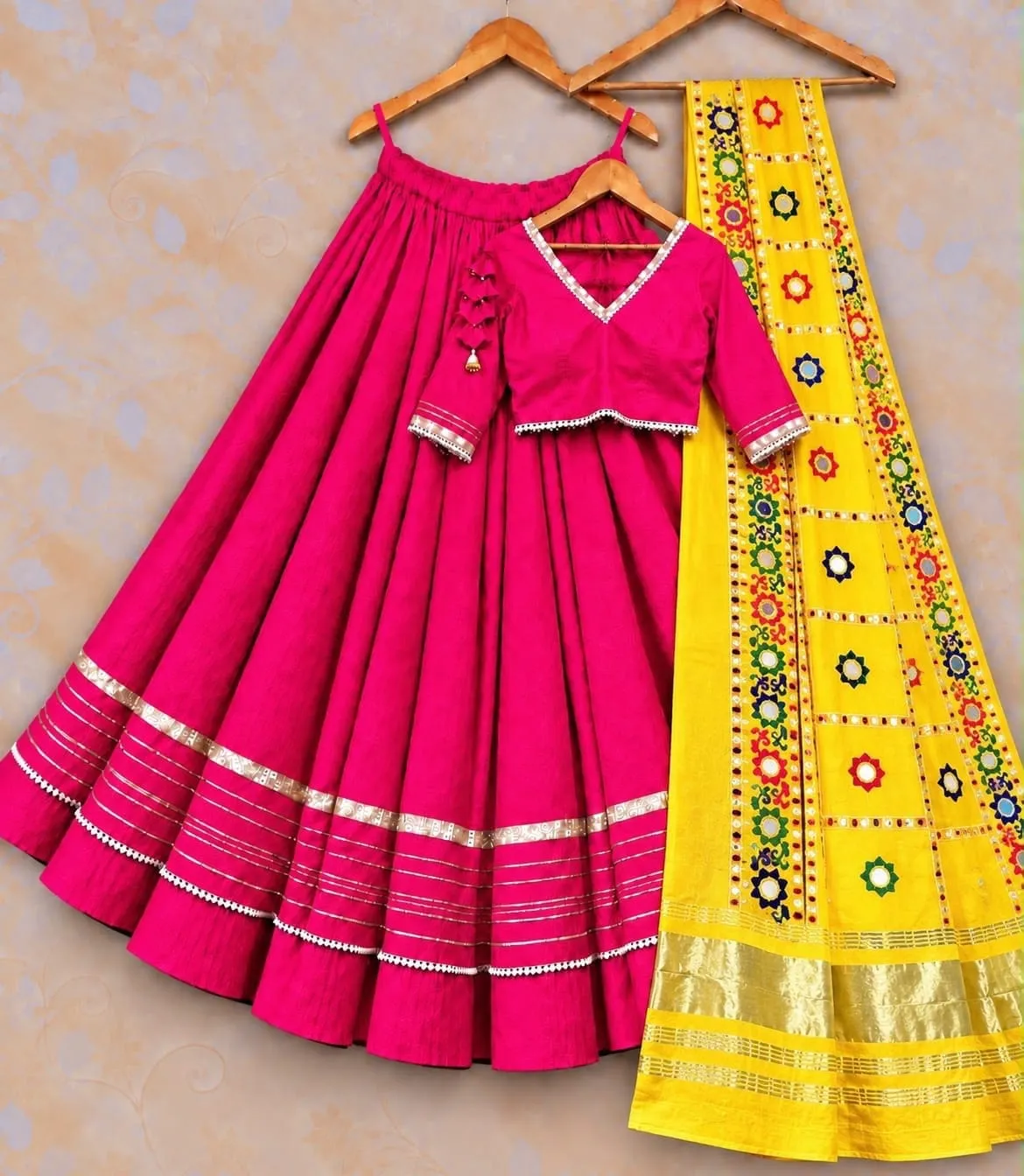 Heavy Rayon Cotton Flared Chaniya Choli with Gotta Patti Border | Stitched Padded Blouse & Semi Gajji Real Mirror Work Dupatta Set - Image 5