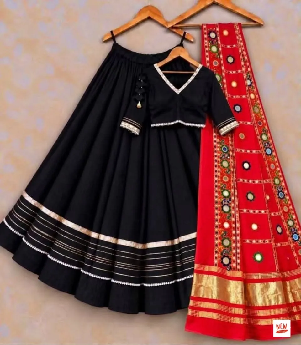 Heavy Rayon Cotton Flared Chaniya Choli with Gotta Patti Border | Stitched Padded Blouse & Semi Gajji Real Mirror Work Dupatta Set - Image 6