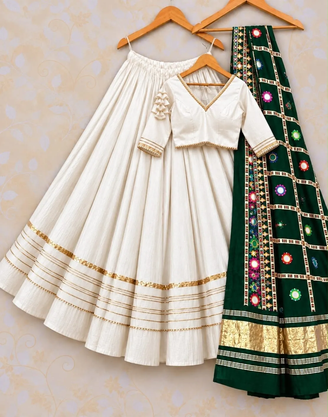 Heavy Rayon Cotton Flared Chaniya Choli with Gotta Patti Border | Stitched Padded Blouse & Semi Gajji Real Mirror Work Dupatta Set - Image 7