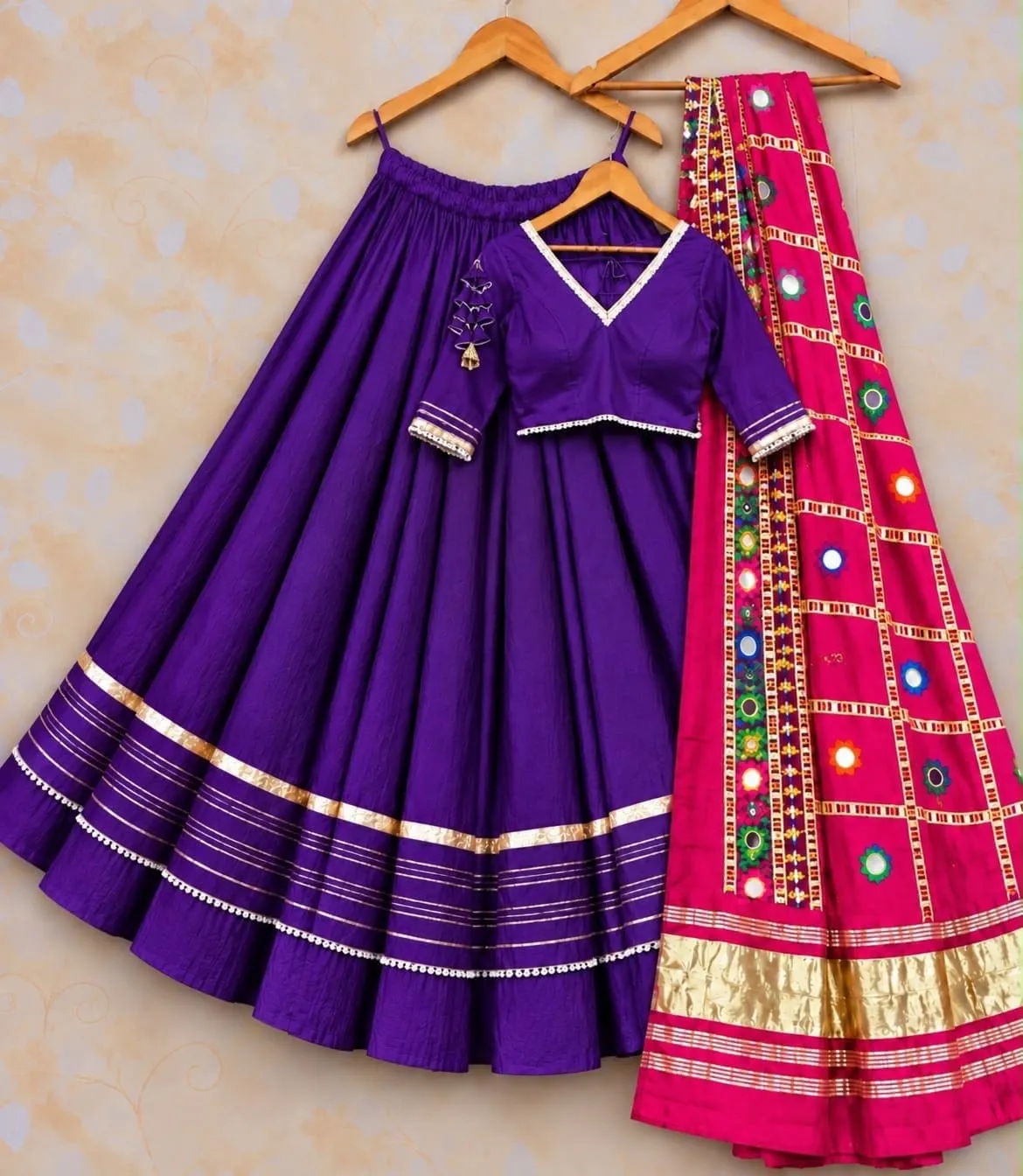 Heavy Rayon Cotton Flared Chaniya Choli with Gotta Patti Border | Stitched Padded Blouse & Semi Gajji Real Mirror Work Dupatta Set - Image 8