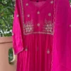 Hot Pink Georgette Anarkali Suit Set with Dupatta | Hand Embroidered Zari Yoke Long Kurti Gown