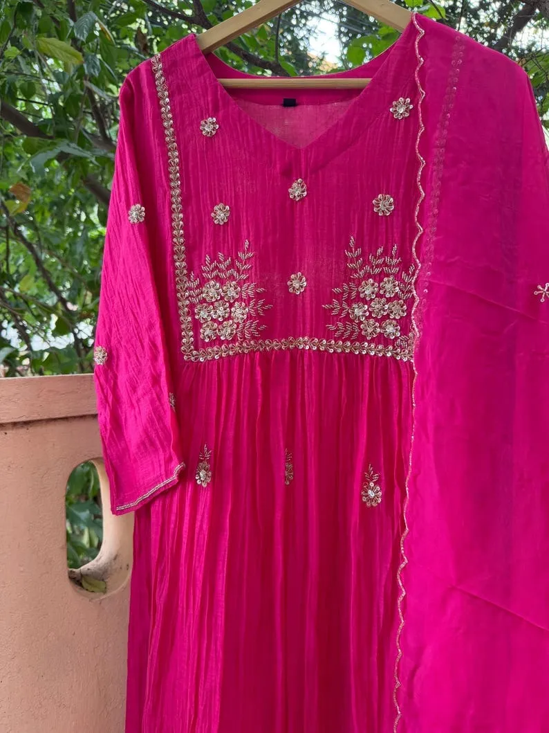 Hot Pink Georgette Anarkali Suit Set with Dupatta | Hand Embroidered Zari Yoke Long Kurti Gown