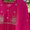 Hot Pink Georgette Anarkali Suit Set with Dupatta | Hand Embroidered Zari Yoke Long Kurti Gown - Image 3