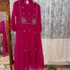 Hot Pink Georgette Anarkali Suit Set with Dupatta | Hand Embroidered Zari Yoke Long Kurti Gown - Image 6