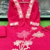 Hot Pink Pure Cotton 6060 Embroidered Kurti Pant Set with Mulmul Dupatta (3-Piece)