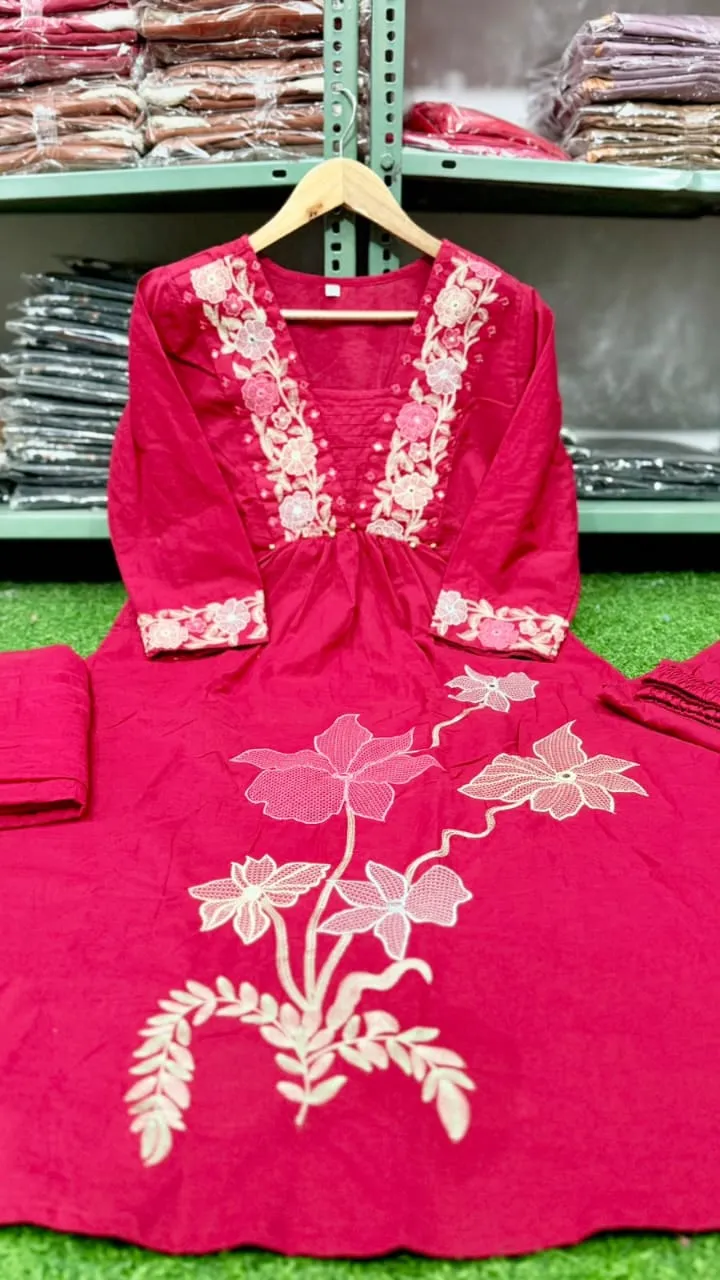 Hot Pink Pure Cotton 6060 Embroidered Kurti Pant Set with Mulmul Dupatta (3-Piece)