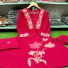Hot Pink Pure Cotton 6060 Embroidered Kurti Pant Set with Mulmul Dupatta (3-Piece) - Image 2