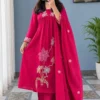 Hot Pink Pure Cotton 6060 Embroidered Kurti Pant Set with Mulmul Dupatta (3-Piece) - Image 5