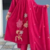 Hot Pink Pure Cotton 6060 Embroidered Kurti Pant Set with Mulmul Dupatta (3-Piece) - Image 6