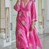 Hot Pink Pure Cotton Embroidered Kurti Palazzo Set with Cutwork Borders & Neckline Work (2-Piece Festive Co-Ord Set)