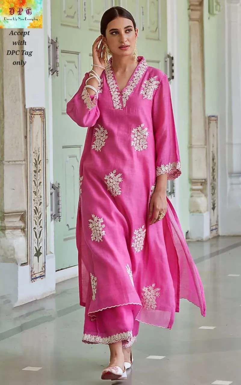 Hot Pink Pure Cotton Embroidered Kurti Palazzo Set with Cutwork Borders & Neckline Work (2-Piece Festive Co-Ord Set)