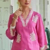 Hot Pink Pure Cotton Embroidered Kurti Palazzo Set with Cutwork Borders & Neckline Work (2-Piece Festive Co-Ord Set) - Image 5