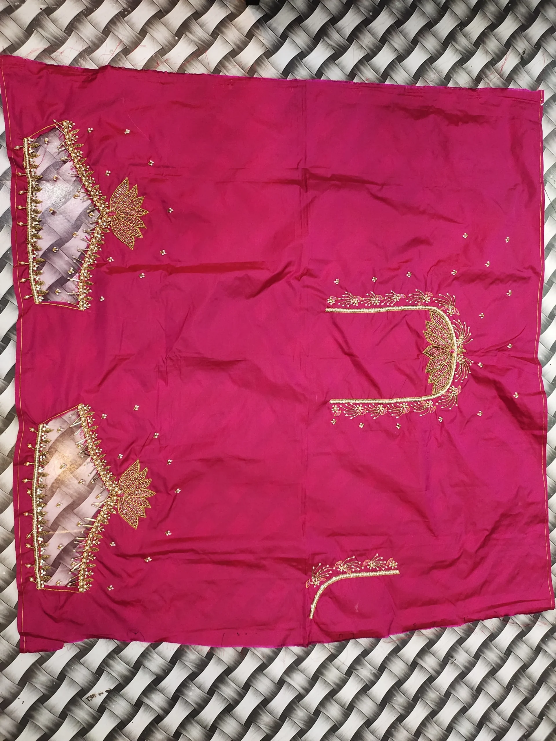 Hot Pink Raw Silk Unstitched Blouse Piece | Lotus Maggam Work U-Neck with Checked Ribbon Weave & Pearl Drop Sleeves