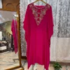 Hot Pink Silk Kaftan Dress with Handcrafted Zardozi Neckline | Designer Embroidered Party Wear Kaftan Gown