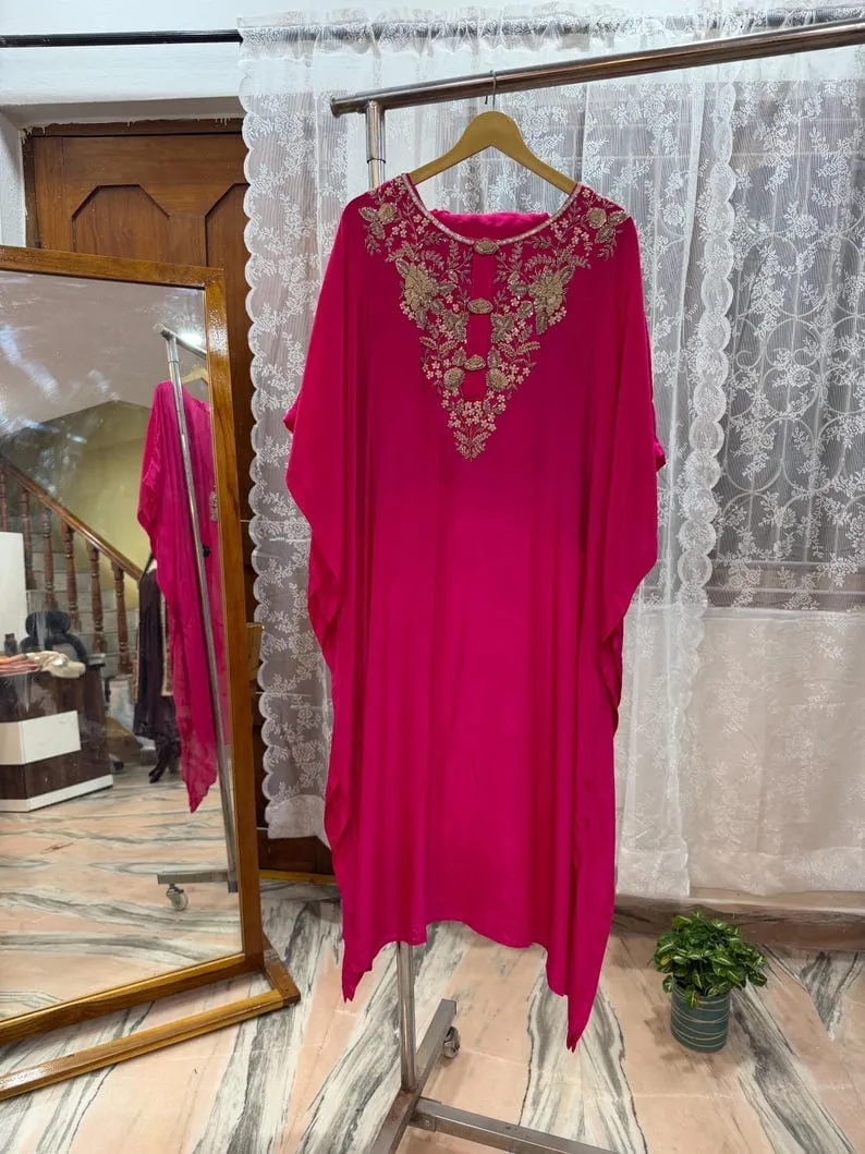 Hot Pink Silk Kaftan Dress with Handcrafted Zardozi Neckline | Designer Embroidered Party Wear Kaftan Gown