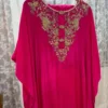 Hot Pink Silk Kaftan Dress with Handcrafted Zardozi Neckline | Designer Embroidered Party Wear Kaftan Gown - Image 2