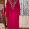 Hot Pink Silk Kaftan Dress with Handcrafted Zardozi Neckline | Designer Embroidered Party Wear Kaftan Gown - Image 3