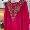 Hot Pink Silk Kaftan Dress with Handcrafted Zardozi Neckline | Designer Embroidered Party Wear Kaftan Gown - Image 6