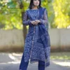 Indigo Blue Printed Kota Doria Kurti Pant Set with Chudidar Sleeves & Full Size Dupatta (Cotton Lined 3-Piece Suit)
