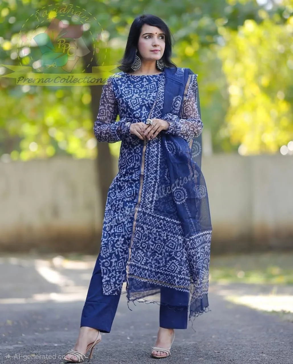 Indigo Blue Printed Kota Doria Kurti Pant Set with Chudidar Sleeves & Full Size Dupatta (Cotton Lined 3-Piece Suit)
