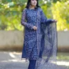 Indigo Blue Printed Kota Doria Kurti Pant Set with Chudidar Sleeves & Full Size Dupatta (Cotton Lined 3-Piece Suit) - Image 2