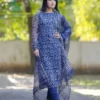 Indigo Blue Printed Kota Doria Kurti Pant Set with Chudidar Sleeves & Full Size Dupatta (Cotton Lined 3-Piece Suit) - Image 3
