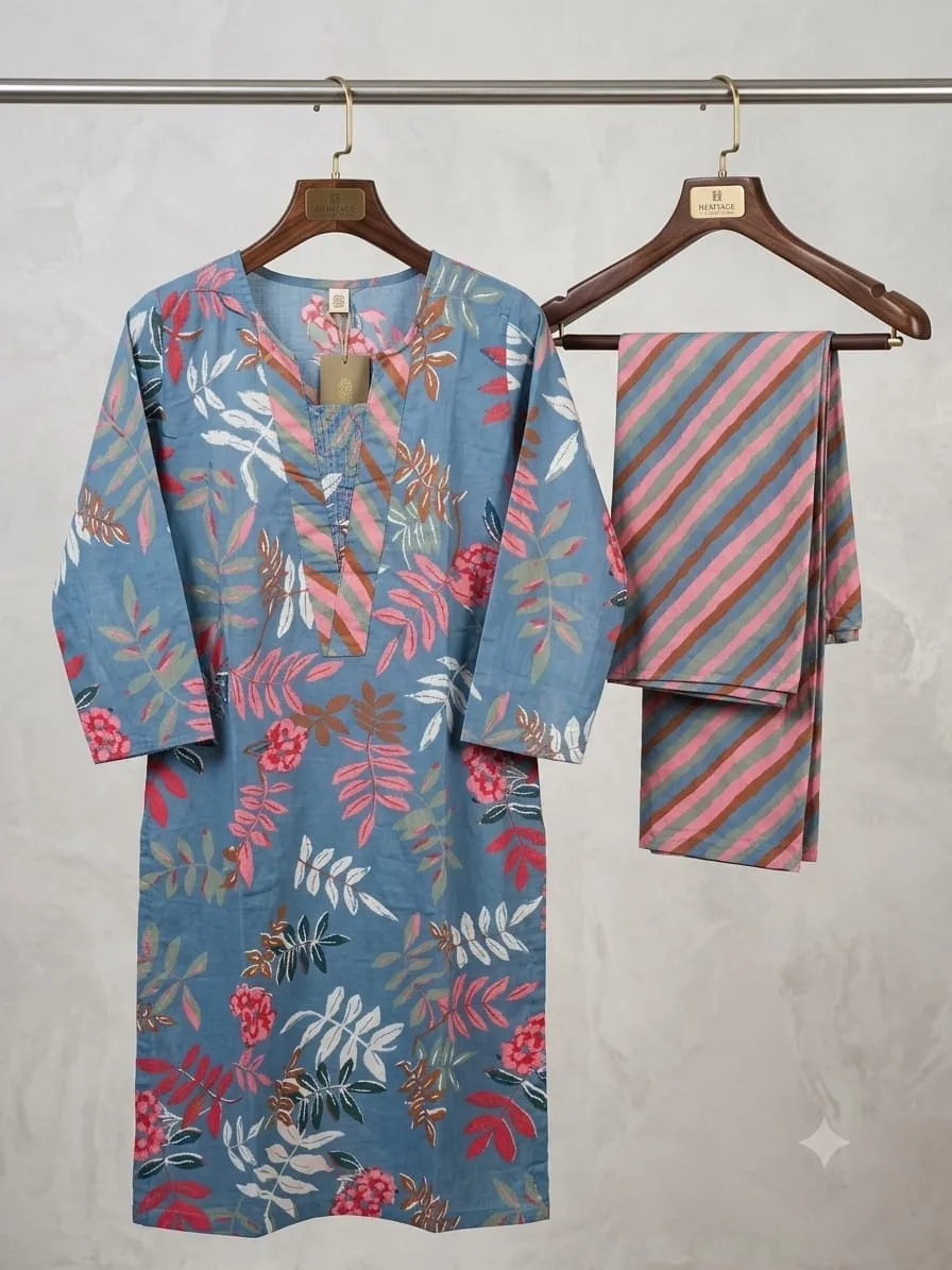 Jaipuri Bandhani & Floral Printed Cotton Kurta Pant Set for Women | 2-Pc Casual Co-Ord Set