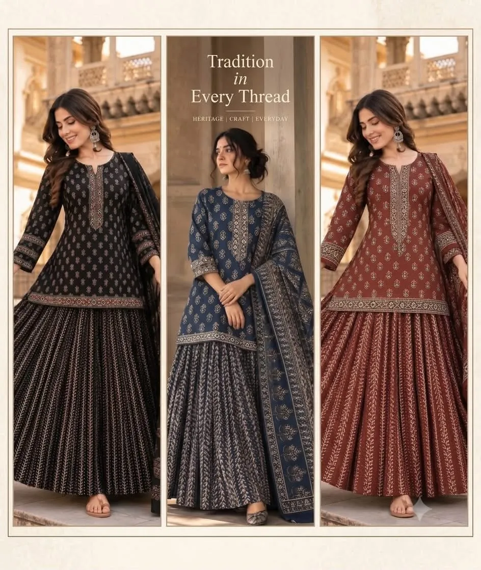 Jaipuri Block Print Pure Cotton Kurta Skirt Set with Malmal Dupatta | Flared Gopi Dress Party Wear 3-Piece Suit