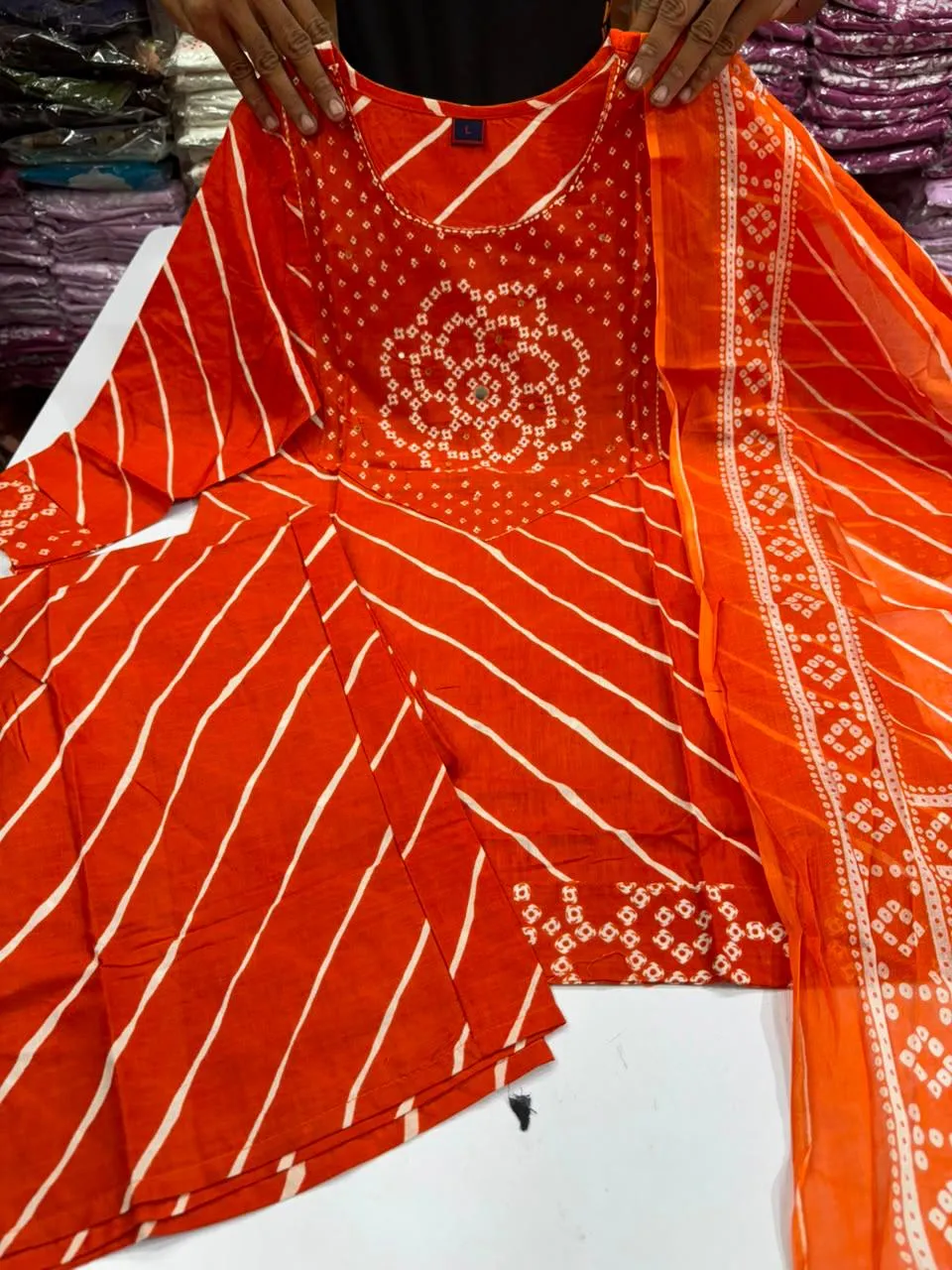 Jaipuri Leheriya & Bandhani Print Pure 60s Cotton Short Kurti with Divider Palazzo & Dupatta Set – 3-Piece Festive Suit with Pocket