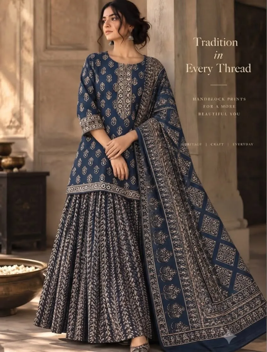 Jaipuri Printed Pure Cotton Kurti Skirt Set with Malmal Dupatta