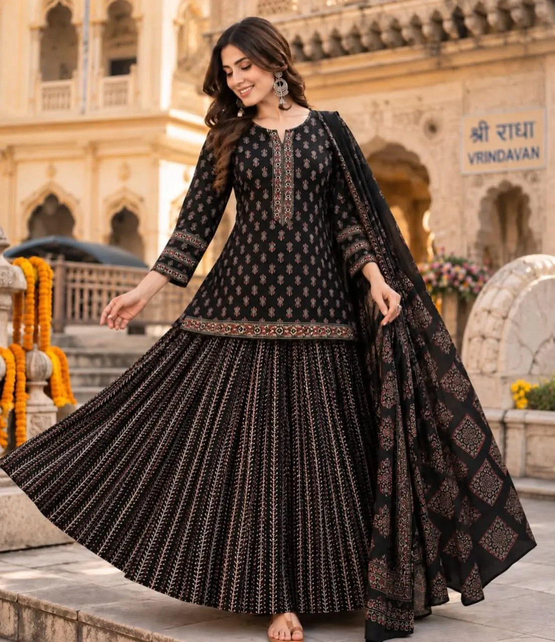 Jaipuri Printed Pure Cotton Kurti Skirt Set with Malmal Dupatta - Image 2