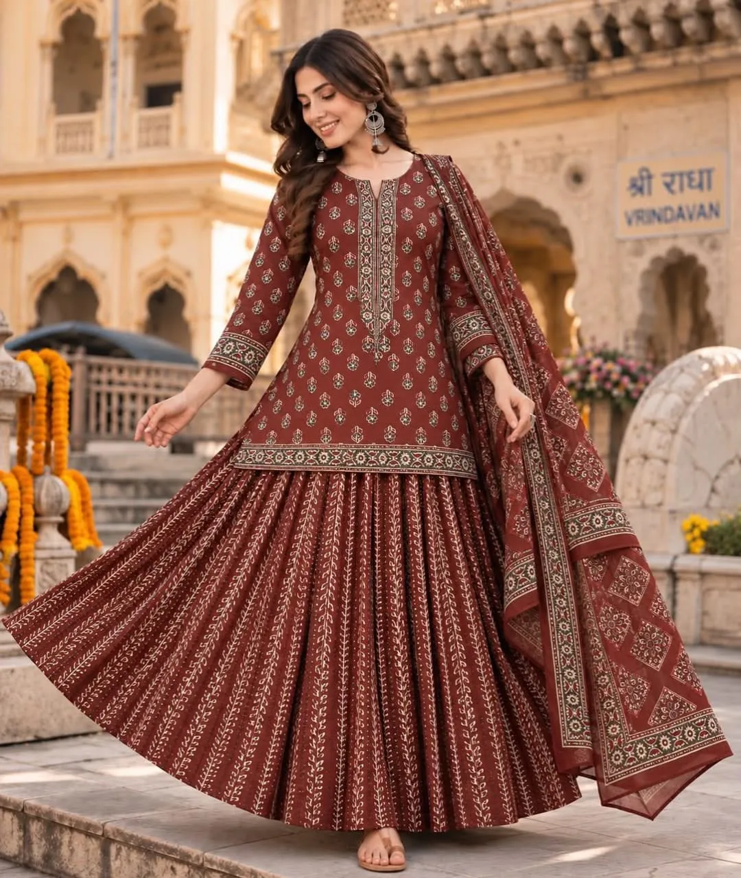 Jaipuri Printed Pure Cotton Kurti Skirt Set with Malmal Dupatta - Image 3