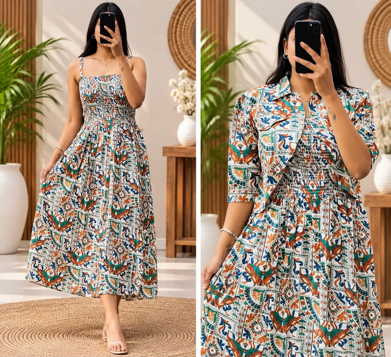 Jaipuri Printed Rayon Smocked Dress With Cropped Jacket (2-Piece Set)