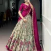 Kalamkari Print Dola Silk Lehenga Choli with Embroidered Vichitra Silk Blouse & Dupatta Unstitched