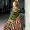 Kalamkari Print Dola Silk Lehenga Choli with Embroidered Vichitra Silk Blouse & Dupatta Unstitched - Image 13