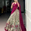 Kalamkari Print Dola Silk Lehenga Choli with Embroidered Vichitra Silk Blouse & Dupatta Unstitched - Image 7