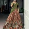 Kalamkari Print Dola Silk Lehenga Choli with Embroidered Vichitra Silk Blouse & Dupatta Unstitched - Image 9
