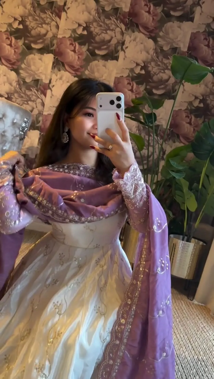 Lavender & Off-White Ombre Georgette Anarkali Suit Set with Sequins Embroidery & Dupatta – 3-Piece Festive Stitched Anarkali