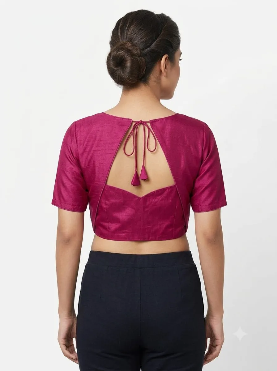 Magenta Pink Raw Silk Boat Neck Readymade Blouse with Back Cut-Out & Dori Tassels
