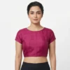 Magenta Pink Raw Silk Boat Neck Readymade Blouse with Back Cut-Out & Dori Tassels - Image 2