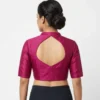 Magenta Pink Raw Silk Readymade Blouse with Mandarin Collar & Cut-Out Back