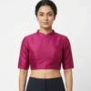 Magenta Pink Raw Silk Readymade Blouse with Mandarin Collar & Cut-Out Back - Image 2