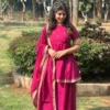 Magenta Rani Pink Pure Handloom Silk Cotton Peplum Kurti with Sharara & Dupatta Set - Image 2
