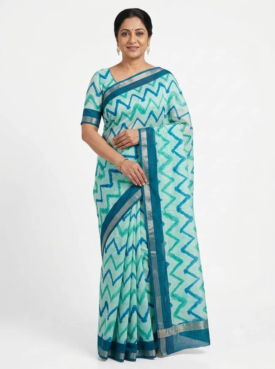 Malai Silk Sarees Wholesale | Chevron Ikat Zigzag Printed Saree with Zari Border & Blouse Piece