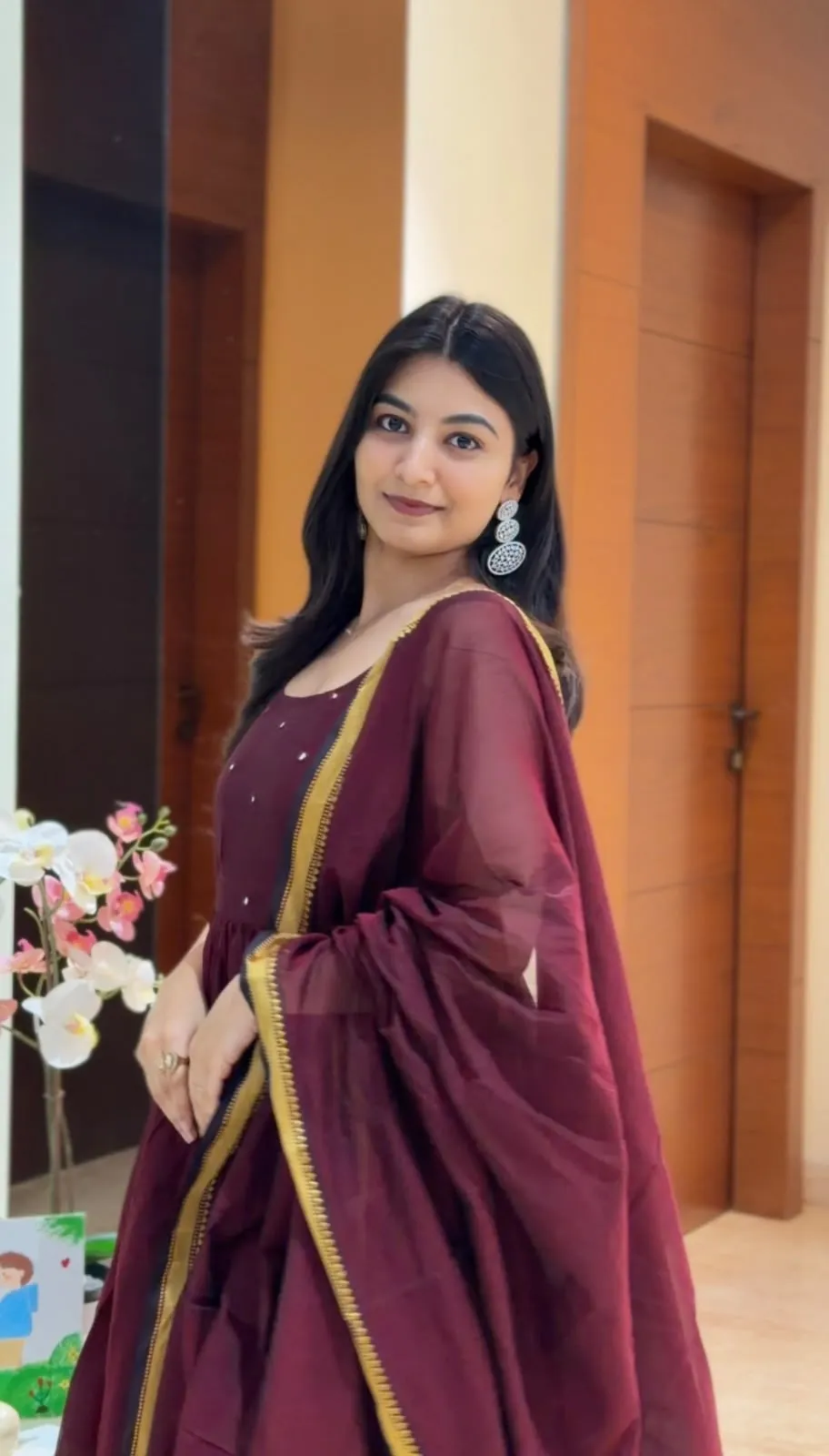 Maroon 3-Piece Festive Kurti Skirt Set with Zari Dupatta - Image 2