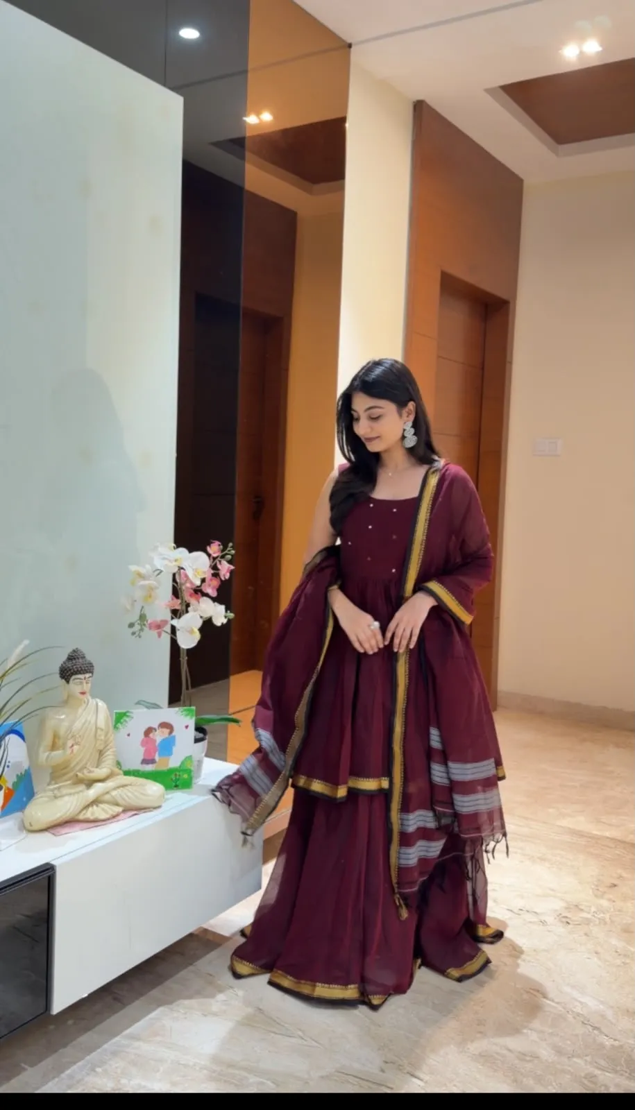 Maroon 3-Piece Festive Kurti Skirt Set with Zari Dupatta - Image 4